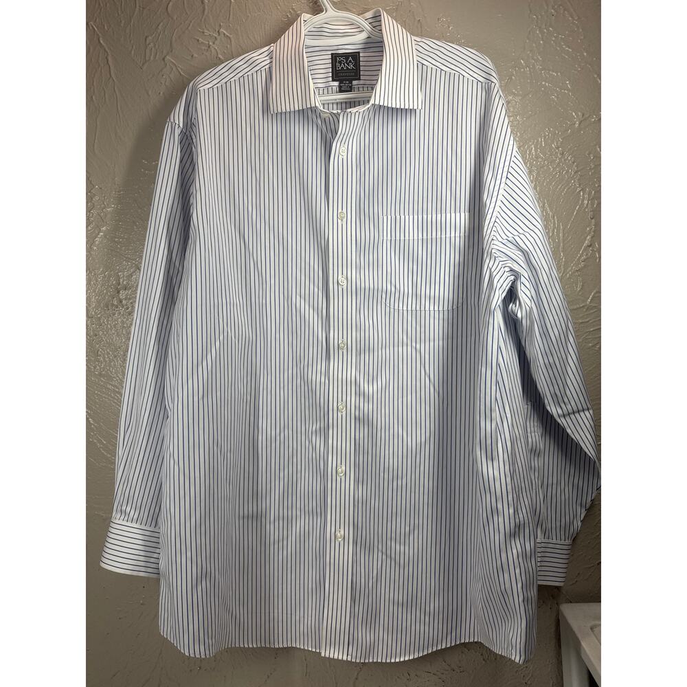 Jos A Banks Traveler Mens Cotton Striped‎ Blue Dress Shirt Preppy Size 17 - 34